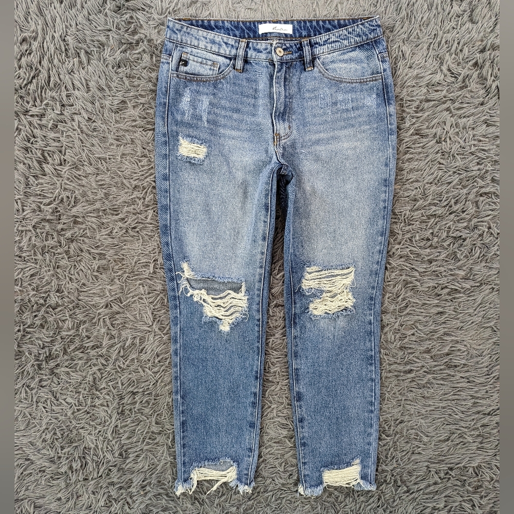 KanCan Jeans Women's 31 Medium Wash High Waist Slim Ankle Distressed Frayed Hem